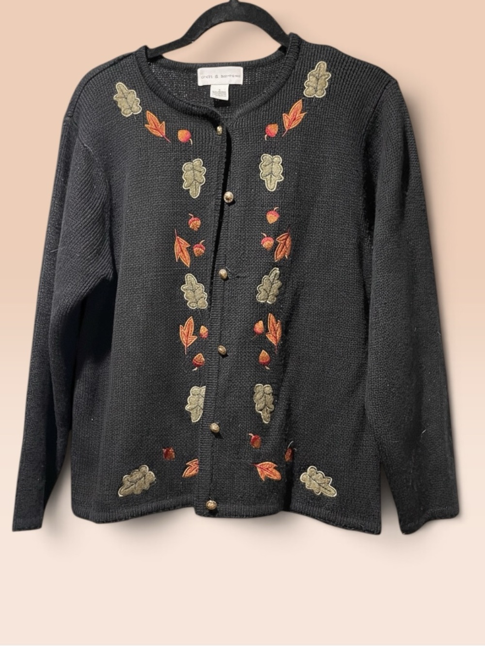 Vintage Croft & Barrow Black Cardigan with Autumn Leaf Embroidery, Small, GUC 🍂